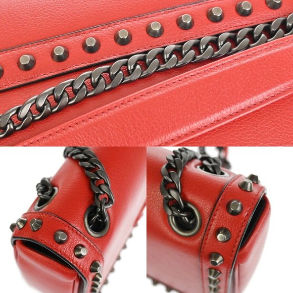 PRADA MILANO Logo Studs Chain Mini Shoulder Bag Calf Leather Fuoco Red 683RJ123 - Picture 7 of 16